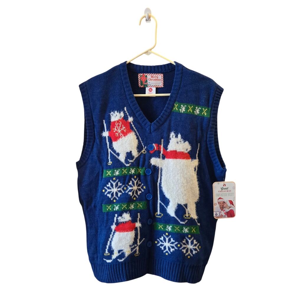 Great Christmas Skiing Polar Bear Ugly Sweater Vest Blue Mens XL NEW with Tags